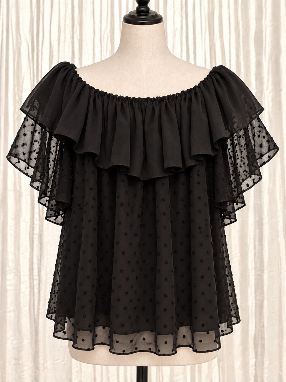 Luxur Black Off-Shoulder Ruffle Swiss Dot Top